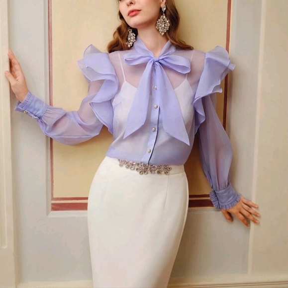 ORGANZA TIE NECK RUFFLE TRIM LANTERN SLEEVE BLOUSE - Picture 4 of 5